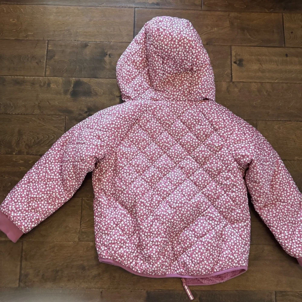 Cat & Jack Girls Reversible Floral Puffer Jacket Pink Faux Fur Hooded Coat M 8